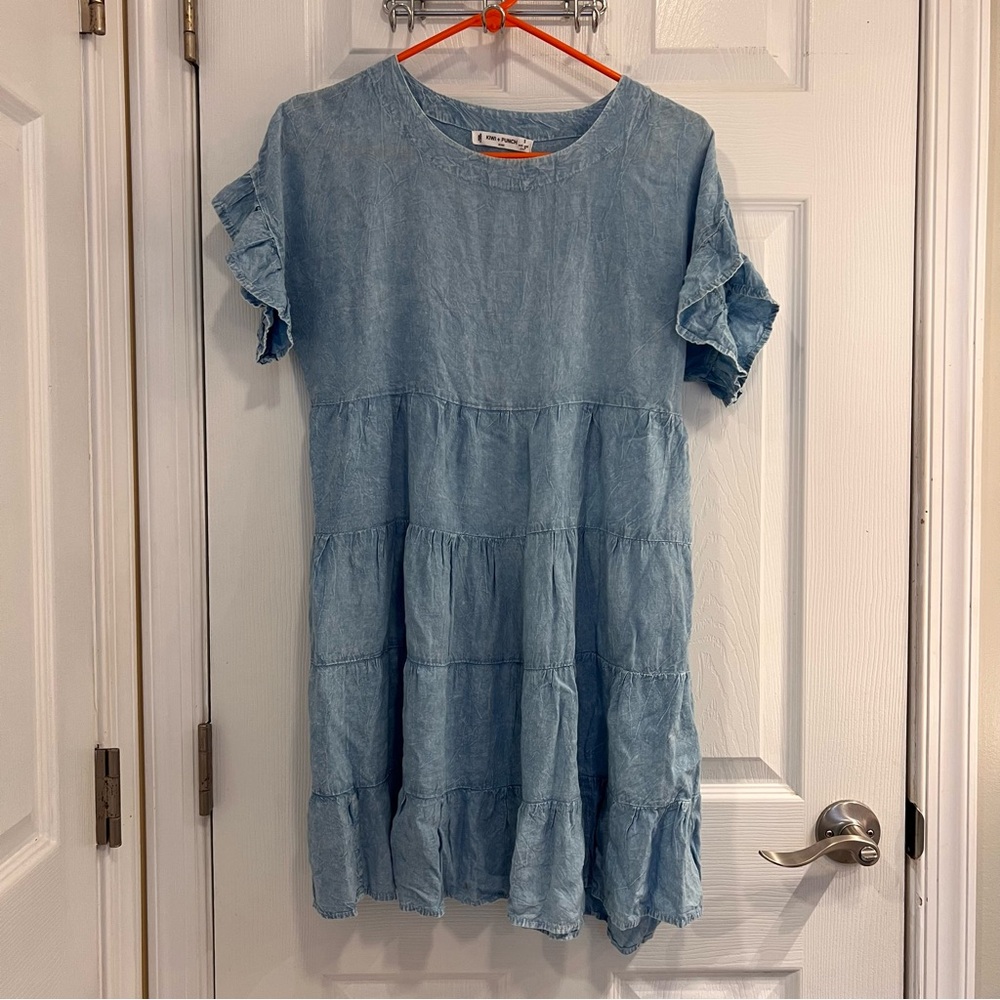 Kiwi + Punch Denim Blue‎ Ruffled Mini Dress